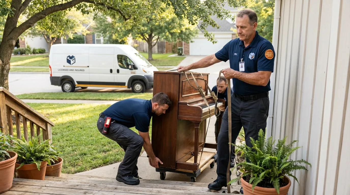 Licensed piano movers securing grand piano in Sorrento, LA