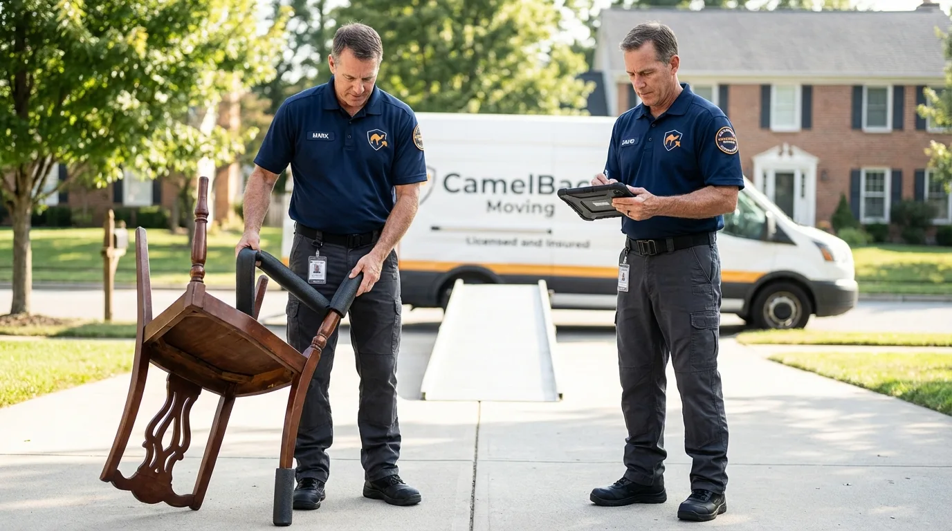 Movers inspecting furniture for damage prevention before loading in Sorrento, LA