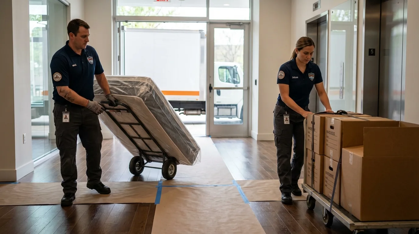 Professional apartment movers loading elevator in Sorrento, LA