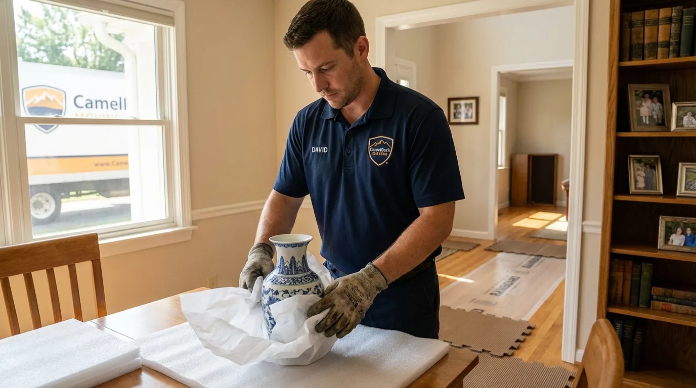 Professional crew carefully wrapping antique vase for senior downsizing move in Sorrento, LA