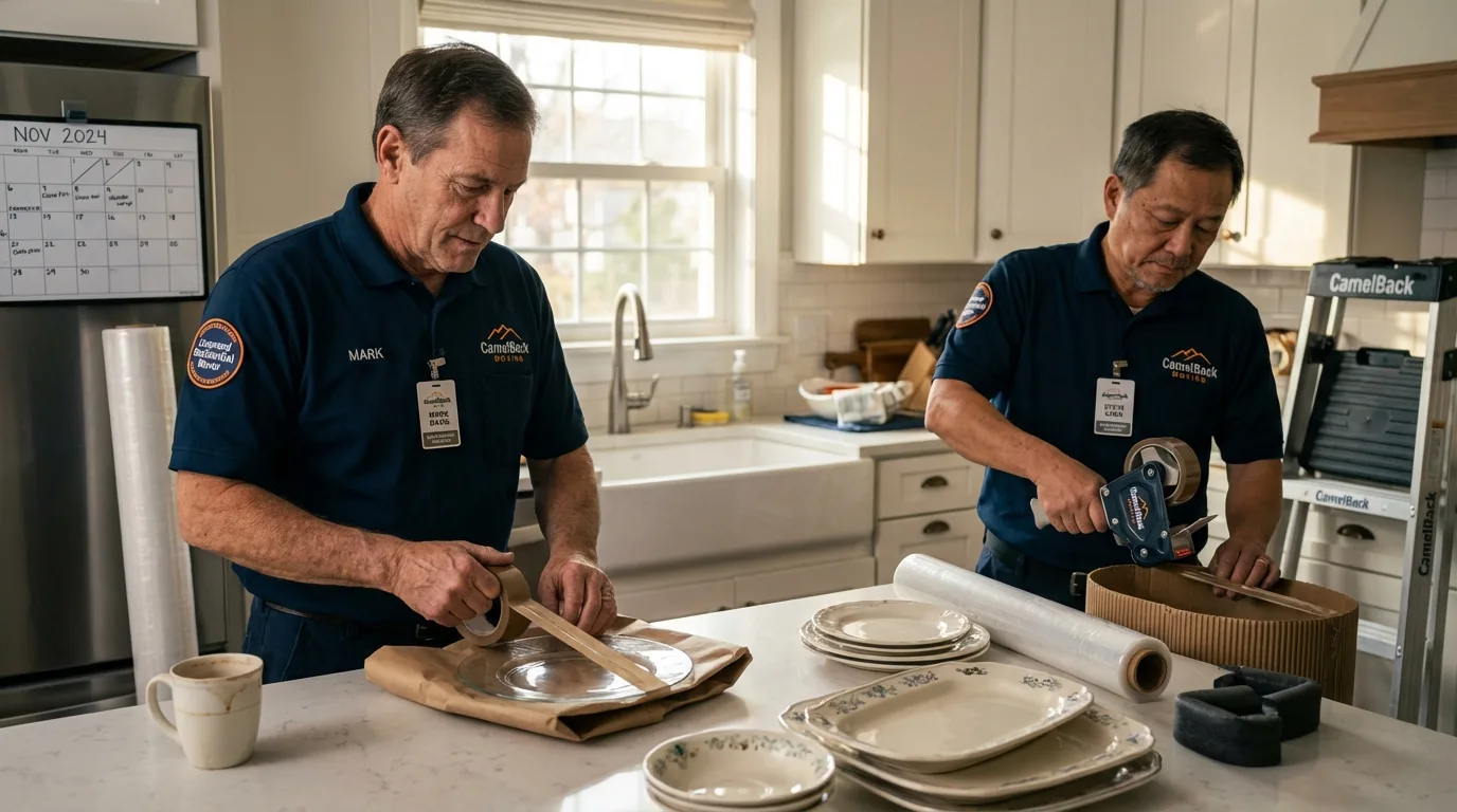 Professional crew packing kitchen dishware in Sorrento, LA